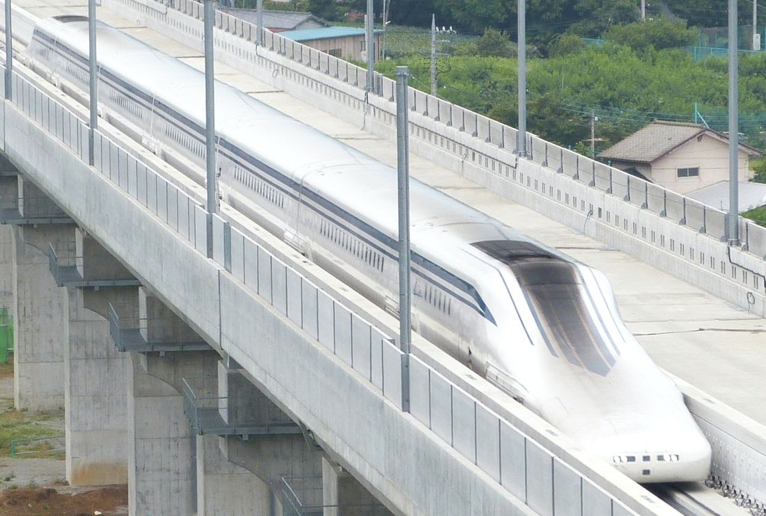 The long pointed nose of a Japanese L0 Series maglev train